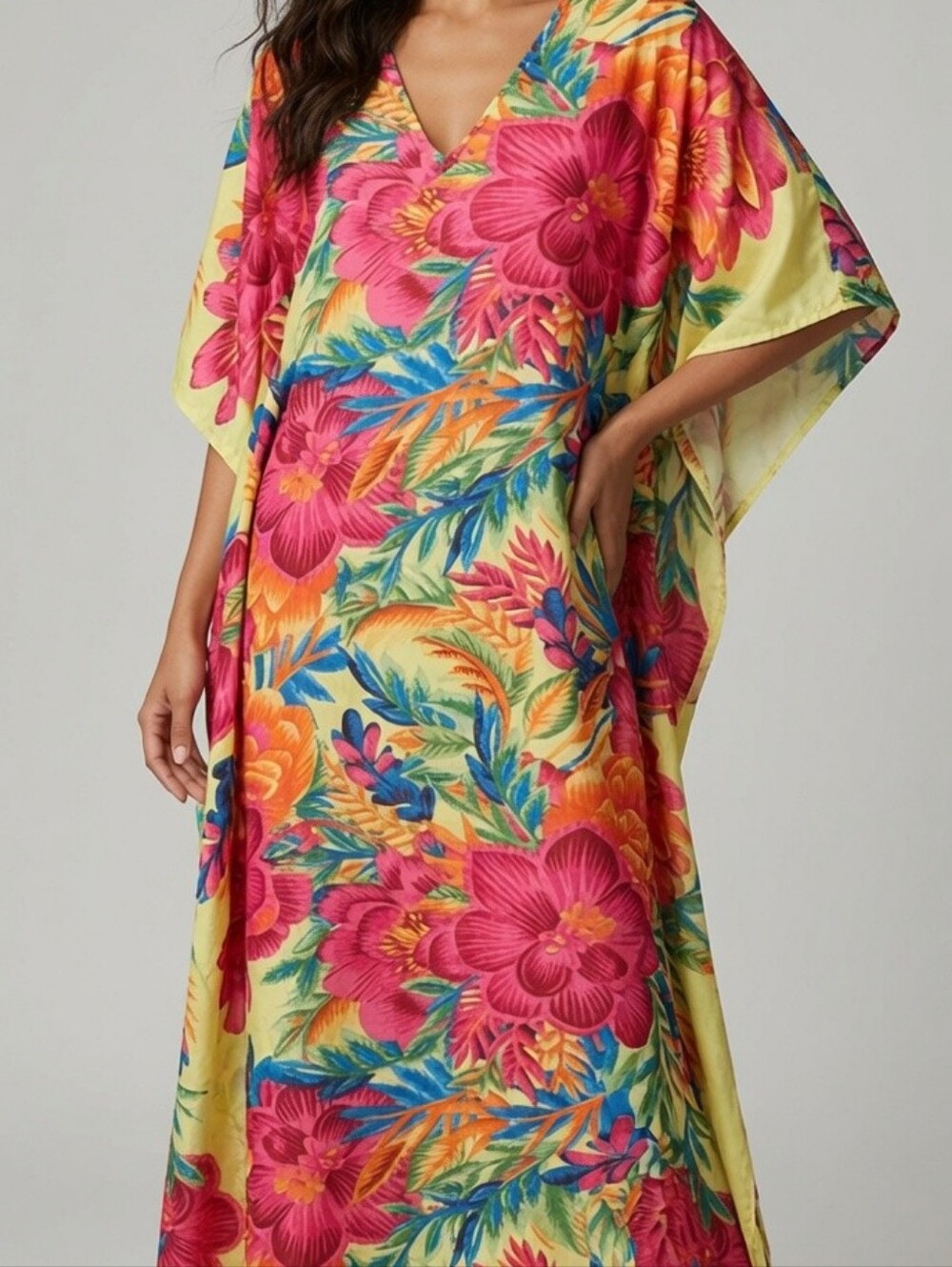Tropical Floral V-Neck Kaftan - Yellow with Pink & Blue Blossoms